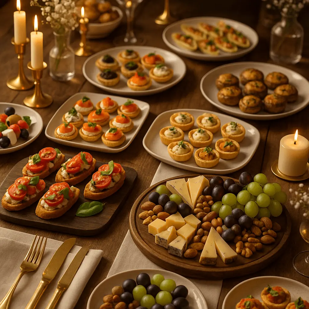 Mesa com canapés e queijos sofisticados